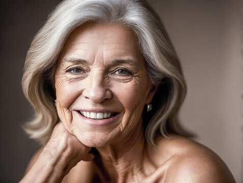 portrait of happy beautiful retired woman with dental smile, studio background, looking at camera, headshot portrait.
