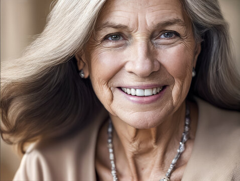 portrait of happy beautiful retired woman with dental smile, elegant, looking at camera, headshot portrait.