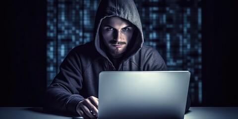 Generative AI. Computer hacker stealing data from a laptop. Scammer sitting in front of the computer.