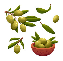 Cartoon Set of Olive Branches, Olives in a Wooden Bowl Isolated on White Background.