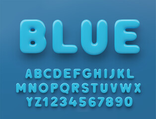 3D Blue alphabet with numbers with a glossy surface on a blue background .