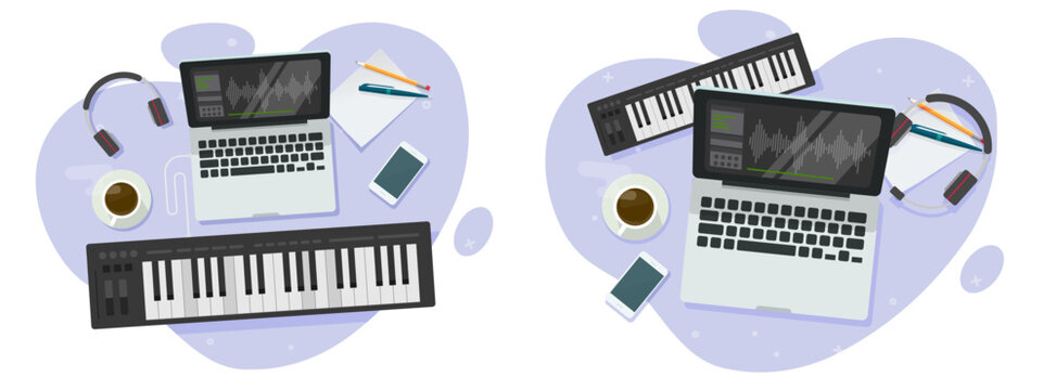 Music electronic studio production record work desk vector graphic illustration, musician sound audio editor software on computer pc and piano synthesizer flat cartoon image clipart