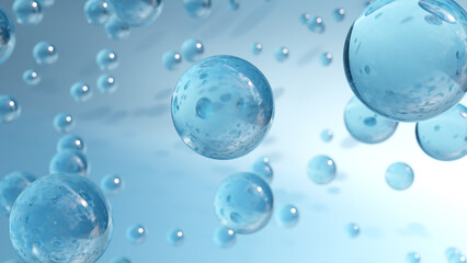 Cosmetic moisturizing liquid drops on blue background. Abstract science background with bubbles on water. cosmetic bubble design magic