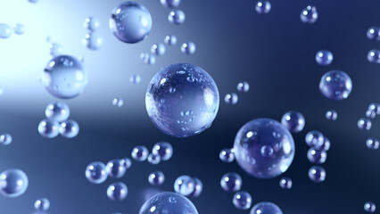 Cosmetic moisturizing liquid drops on blue background. Abstract science background with bubbles on...