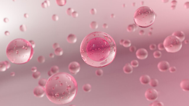 3D cosmetic rendering of Pink Bubbles of serum on a blurry background. Design of collagen bubbles. Essentials of Moisturizing and Serum Concept. Concept of vitamins for beauty and health care.