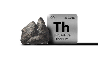 Thorium elements on a metal periodic table with greyish black metamictic Thorium on white background. 3D rendered icon and illustration. © OleCNX