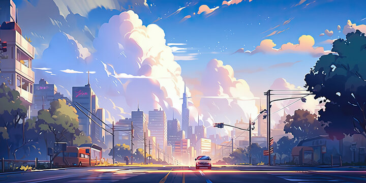 City skyline background anime style city sky scrapers blue clouds, generated ai