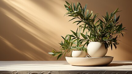 Green plants in pot on beige background in a minimalist style with a copy space for workspace. Generative Ai