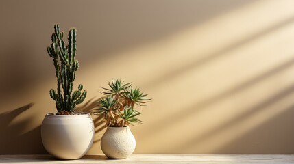 Cactus and houseplant on beige minimal design background with light splashed for decorative a artwork,frame and home. Generative Ai