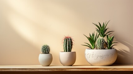 Cactus and houseplant on beige minimal design background with light splashed for decorative a artwork,frame and home. Generative Ai