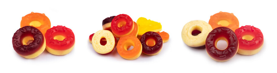 Heap of colored jelly candies miniature donuts isolated on white background. Collection
