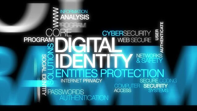 Digital identity protection core entities user authentication words tag cloud text white  word blue black background ID identification authenticate password security  safety network web secure social 