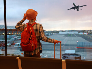 Happy explore travel concept with young tourist man holding the luggage and looking the airplane in the hall room