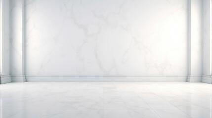 Fototapeta premium White wall empty apartment room with marble floor and walls. Copy space for product placement. Generative AI