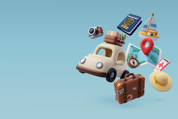 Collection of Travel Tourism 3d icon, Trip Planning World Tour. Holiday Vacation, Travel and Transport concept.