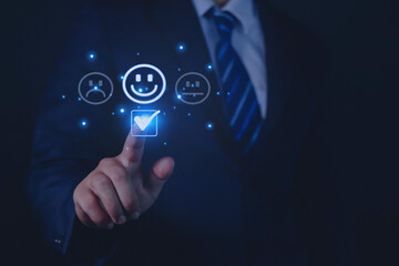 concept of customer experience Best service rating for satisfaction Presented by the hands of the customer Selection of excellent five-star ratings, good feedback on products and services.	