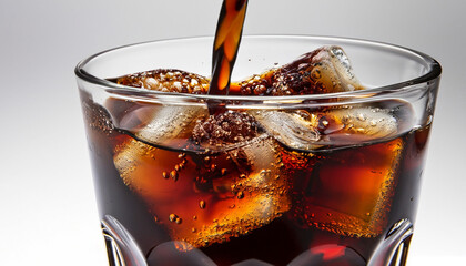 Cola is pouring into glass on white background