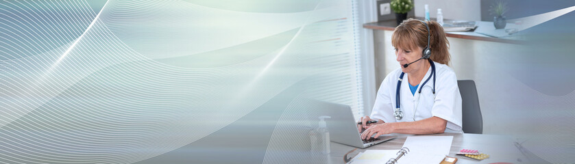 Portrait of female doctor during online medical consultation; panoramic banner