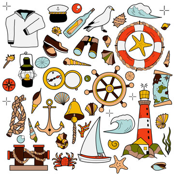 flat drawings, set of elements of sea travel, cruise, lighthouse, sail, anchor, lifebuoy, map,