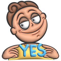 Cartoon man with blue yes word gesture 3d