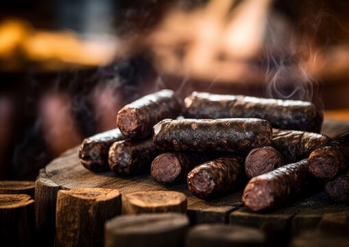 Boudin Noir sausages displayed on a butcher's counter