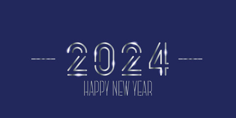 Rectangular banner with the new year 2024 in silver letters on a dark blue background.