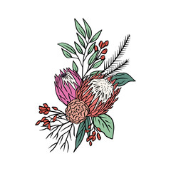 Colorful tropical protea flowers and leaves bouquet. Boho floral composition