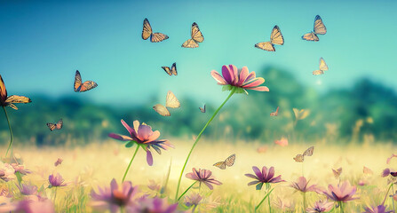 flowers with butterfly in the field, generative ai illustration