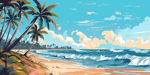 Fototapeta na wymiar Generative AI. Vector illustration of palms and a tropical beach at sunny weather. Exotic Holiday background. 