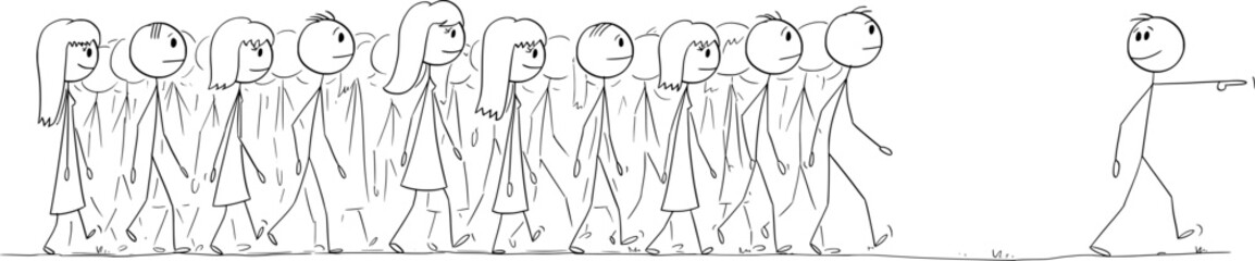 Crowd of People Following Leader, Vector Cartoon Stick Figure Illustration