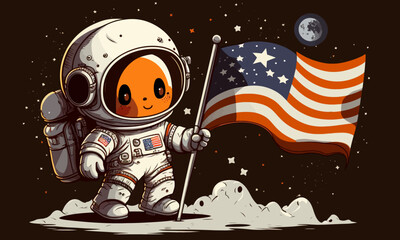 Cartoon astronaut with a flag. Astronaut in space. Flat vector illustration
