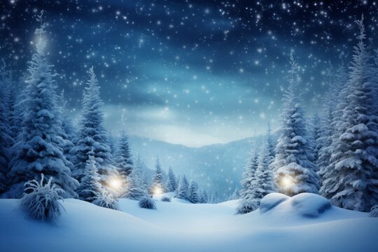 Winter Christmas background. Snow and magic light.