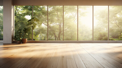 Empty room of modern contemporary loft with wooden floor and large windows to garden. Copy space. Generative AI