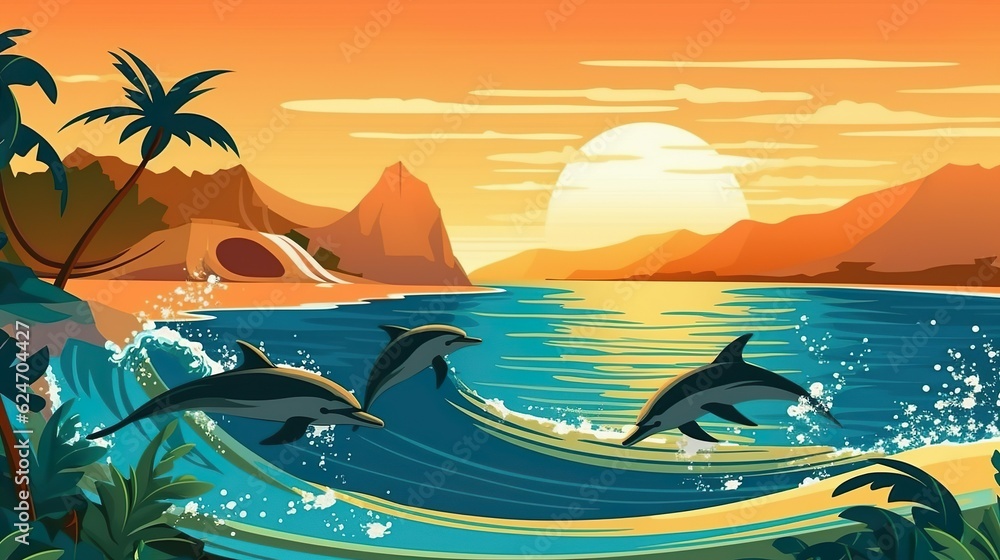 Poster abstract background group of dolphin. a dynamic illustration of a group of dolphins against an abstr