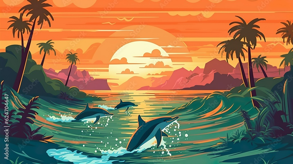 Poster abstract background group of dolphin. a visually striking banner design showcasing an illustration o