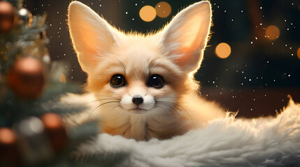 Super cute fennec fox with Christmas giftbox. AI generated image