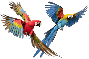 Set of Three Flying Macaw Parrots Collection Red Transparent Background. Generative AI