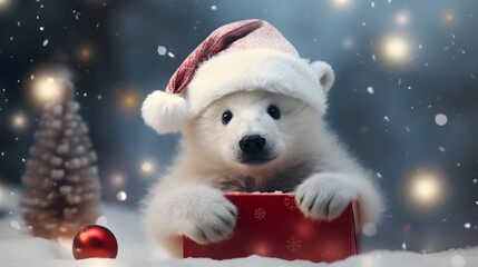 Fototapeta premium Super cute white polar bear in Santa hat with giftbox. AI generated image