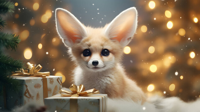 Super cute fennec fox with Christmas giftbox. AI generated image