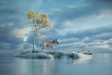 Surreal image of a zebra on a small island and a boat. Explore and aspiration concept.