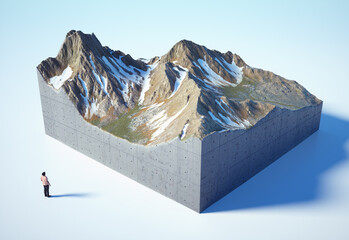 Man looking at an isometric mountain. Wanderlust and adventure concept.