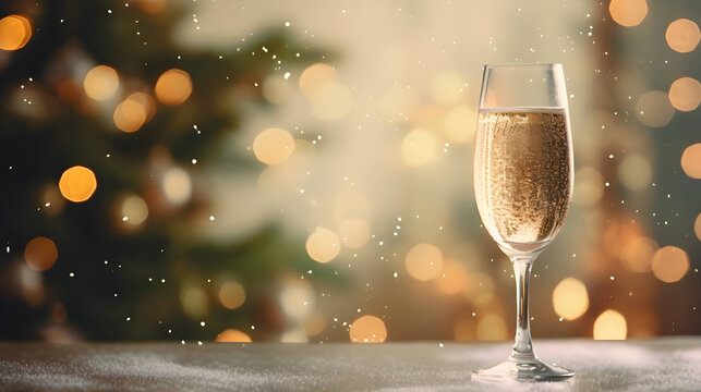 Woman hand holding a glass of champagne, Christmas celebration. AI generated image