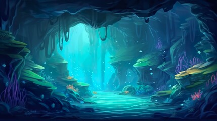 Abstract background underwater cave. Beauty of an underwater cave through an intricately designed illustration in a captivating banner. Generative AI.