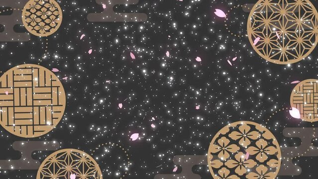 和柄の円が回転する霞紋の和風背景（黒）　ラメがキラキラ光り桜吹雪が舞うアニメーション