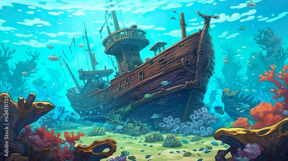 Poster abstract background shipwreck. world of mystery with an illustration of a shipwreck showcased in a b