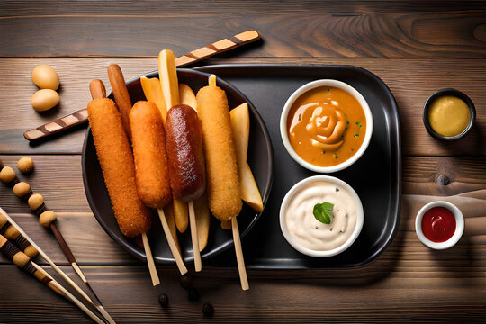 a classic and nostalgic corndogs meal concept, featuring golden-brown corndogs served on a stick, accompanied by a side of crispy French fries and a variety of dipping sauces | Generative AI