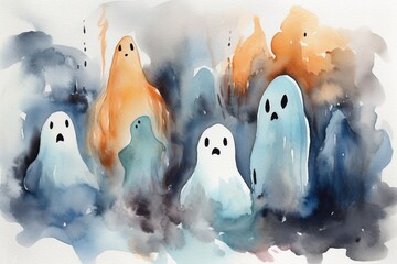 Halloween illustration with cute watercolor ghosts.