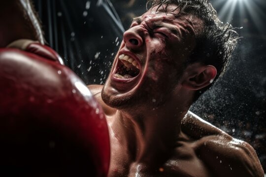 Powerful puncin boxing match. in close-up. Generative AI