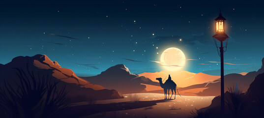 A camel carrying a lantern at night in the desert with sand dunes