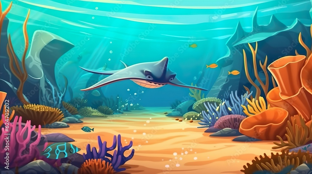 Poster abstract background ocean stingrays. depths of the ocean with an illustration of a majestic stingray